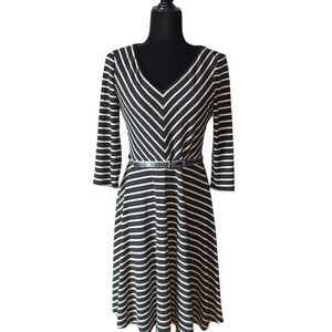 Nine West Black and White Striped Long Sleeve Dress
